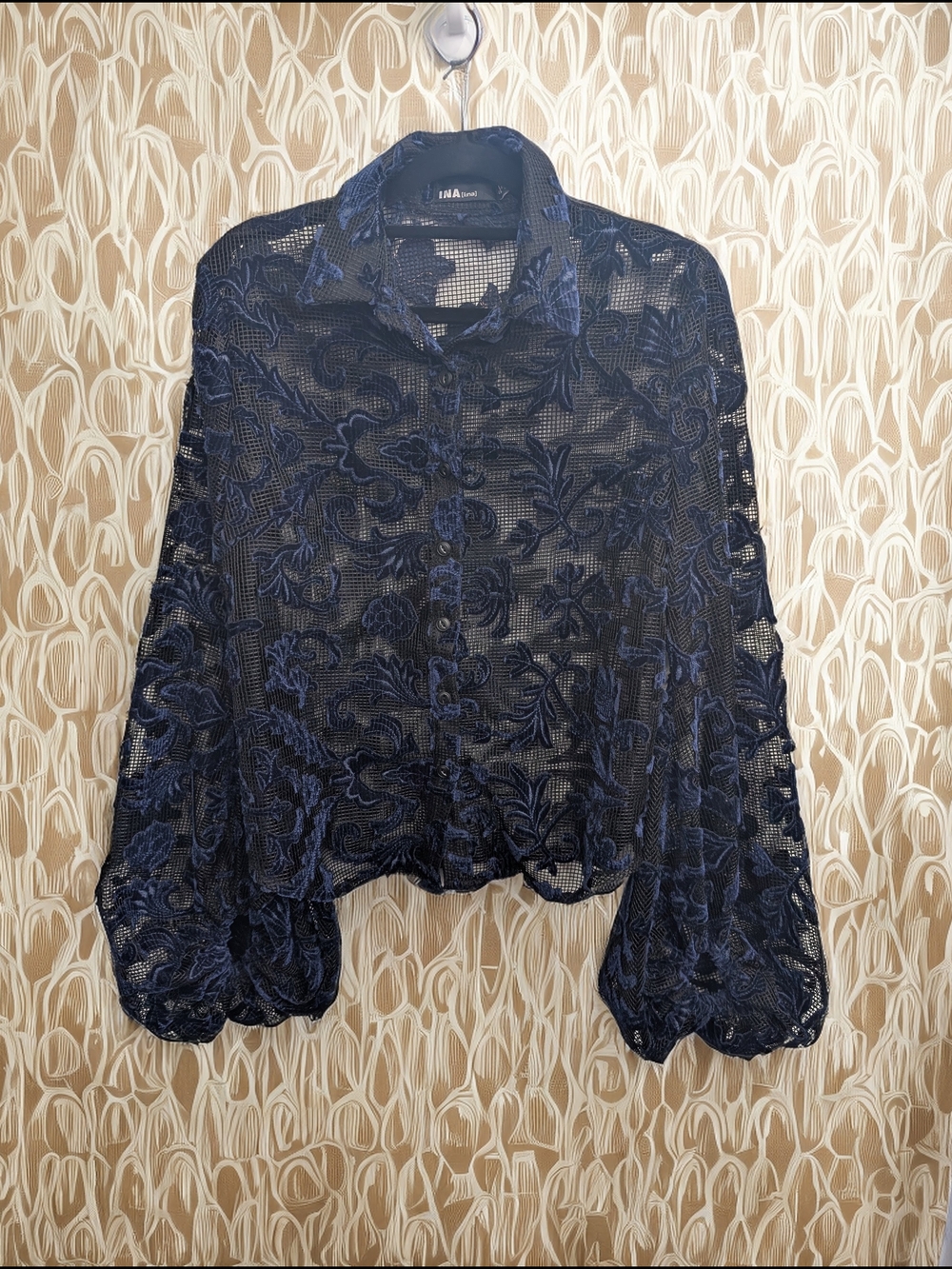Ina Burnout Velvet button-up shirt in "Medieval Blue" with Voluminous Sleeves.